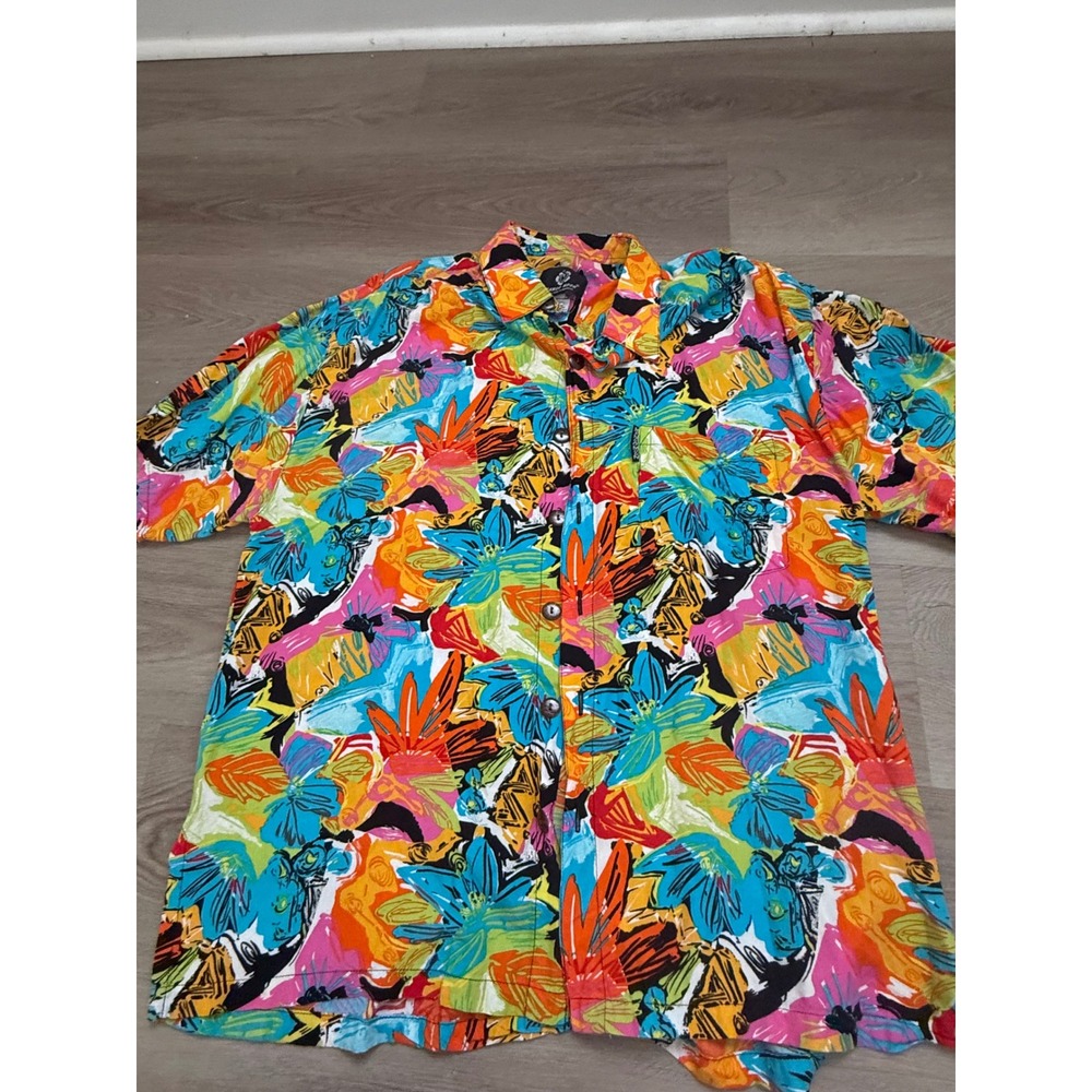 Mango Moon Abstract Floral Rayon Button Down Shirt Multicolor Large Hand Made